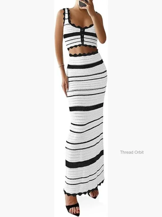 Summer 2-Piece Set Sleeveless Crop Top Maxi Skirt Polyester Blend Slim Fit